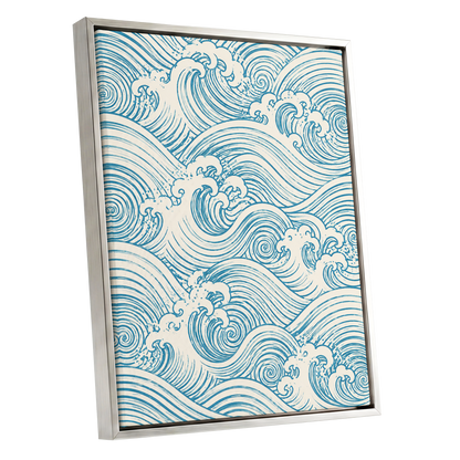Azure Tide Rhythm, blue, beige, white nature wall art shown as a silver framed canvas wall art