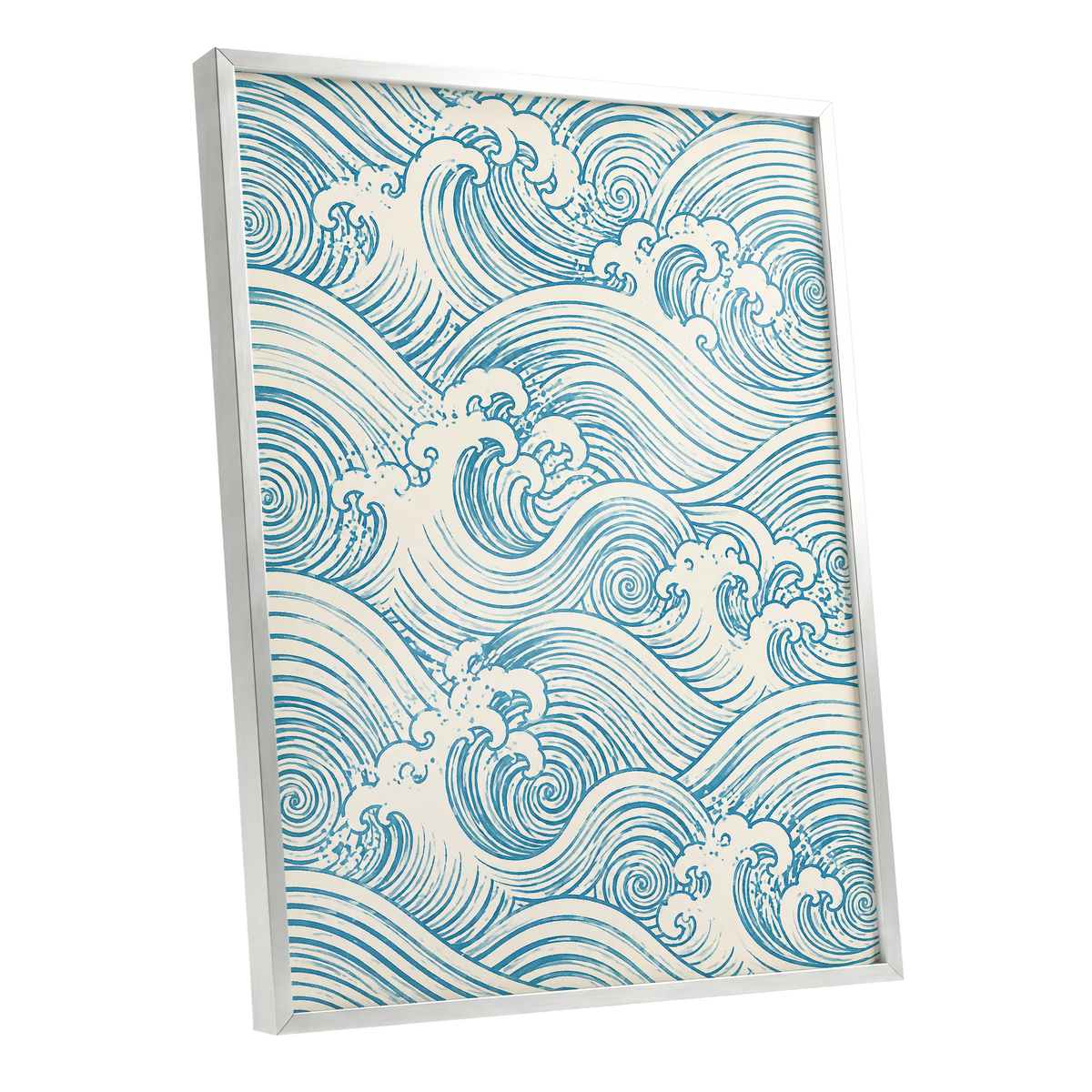 Azure Tide Rhythm, blue, beige, white nature wall art shown as a silver framed poster wall art print