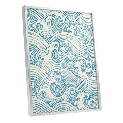 Azure Tide Rhythm, blue, beige, white nature wall art shown as a silver framed poster wall art print