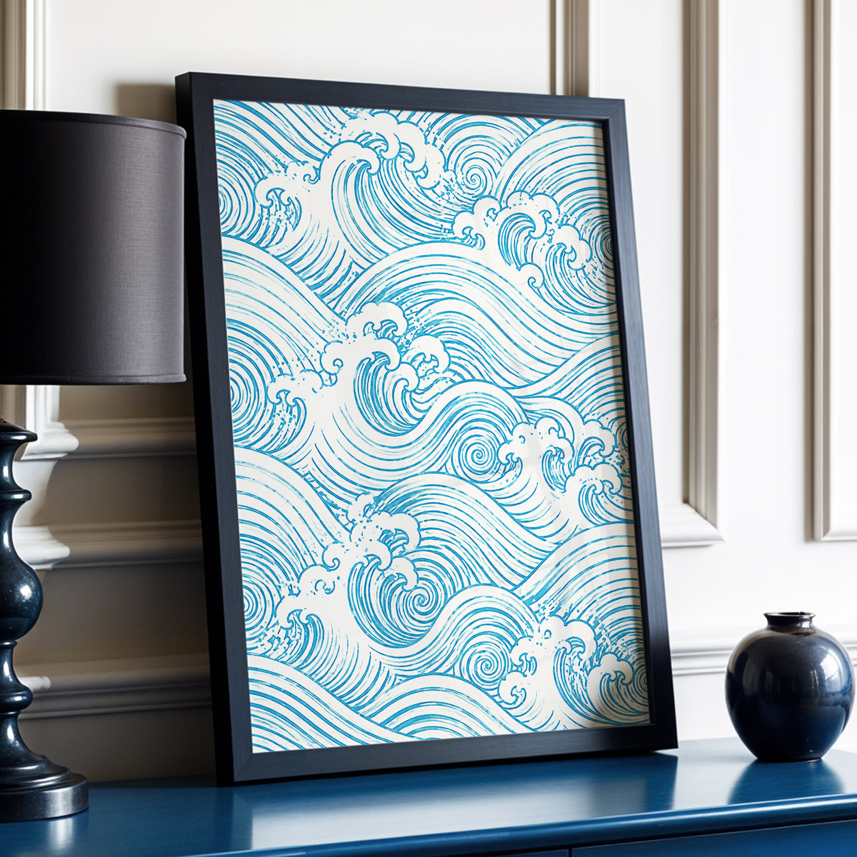 Azure Tide Rhythm, blue, beige, white nature wall art displayed in a styled interior, gallery view 2