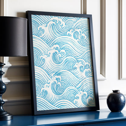 Azure Tide Rhythm, blue, beige, white nature wall art displayed in a styled interior, gallery view 2