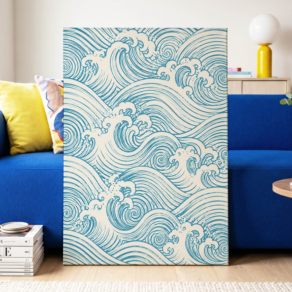 Azure Tide Rhythm, blue, beige, white nature wall art displayed in a styled interior, gallery view 3