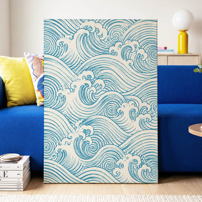 Azure Tide Rhythm, blue, beige, white nature wall art displayed in a styled interior, gallery view 3