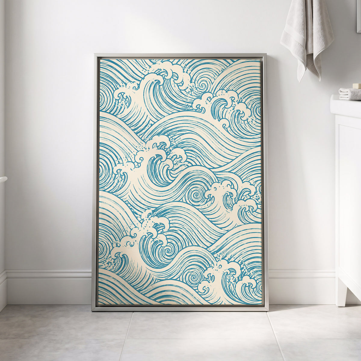 Azure Tide Rhythm, blue, beige, white nature wall art displayed in a styled interior, gallery view 4