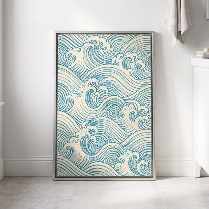 Azure Tide Rhythm, blue, beige, white nature wall art displayed in a styled interior, gallery view 4