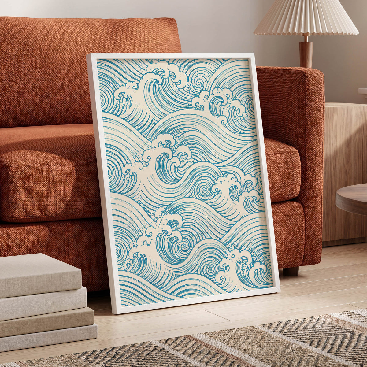 Azure Tide Rhythm, blue, beige, white nature wall art displayed in a styled interior, gallery view 6