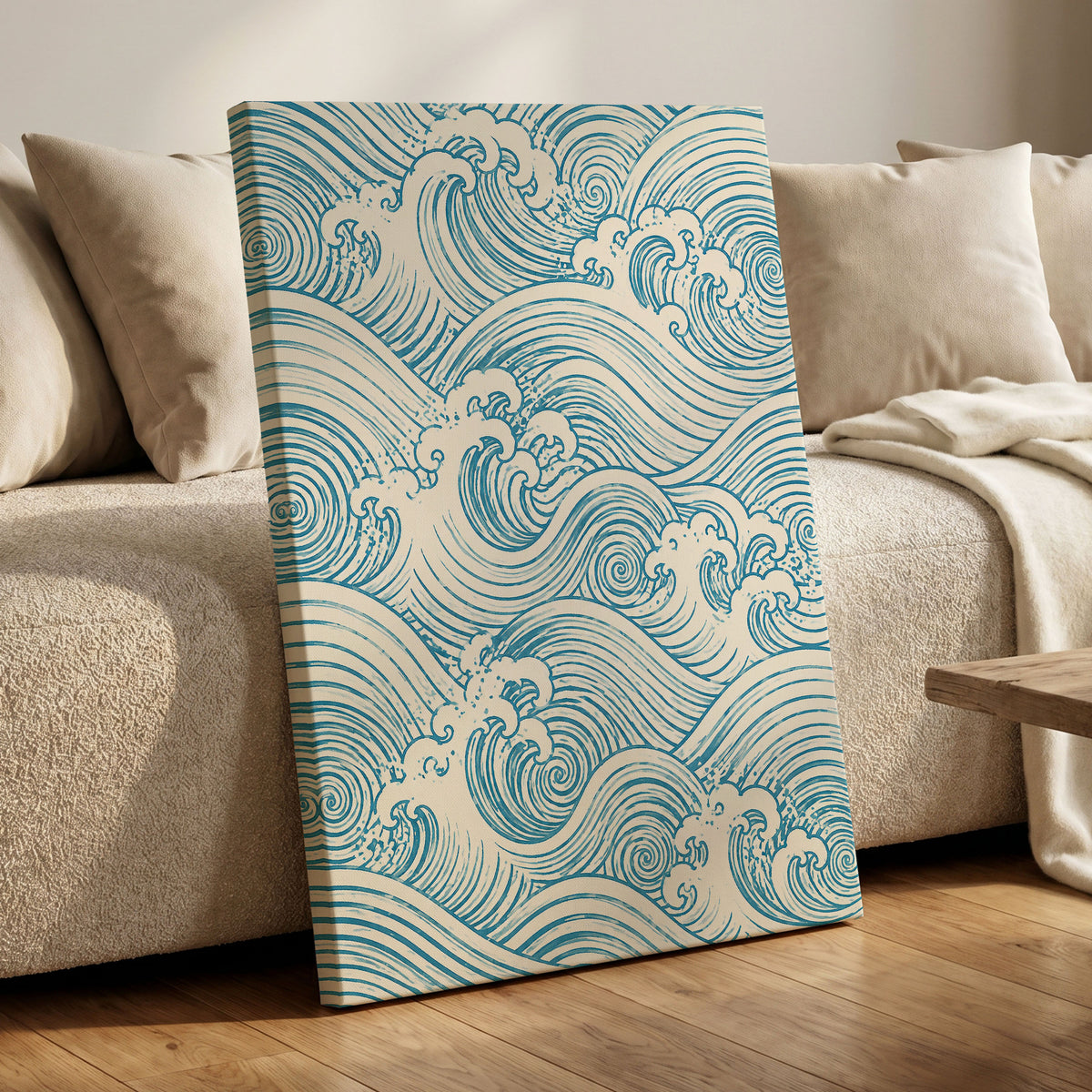 Azure Tide Rhythm, blue, beige, white nature wall art displayed in a styled interior, gallery view 7