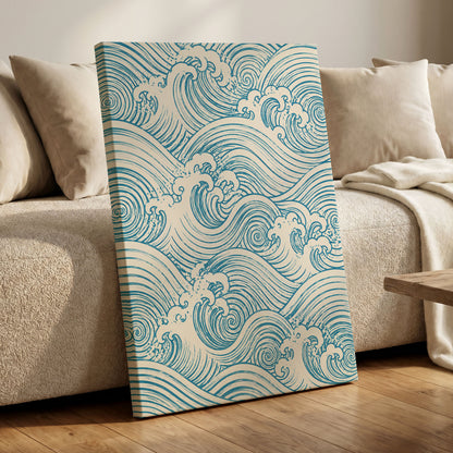 Azure Tide Rhythm, blue, beige, white nature wall art displayed in a styled interior, gallery view 7