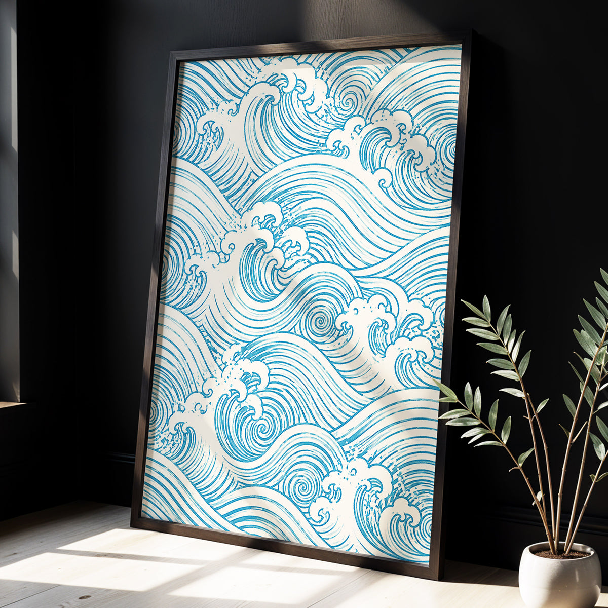 Azure Tide Rhythm, blue, beige, white nature wall art displayed in a styled interior, gallery view 9