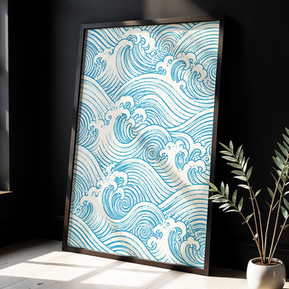 Azure Tide Rhythm, blue, beige, white nature wall art displayed in a styled interior, gallery view 9