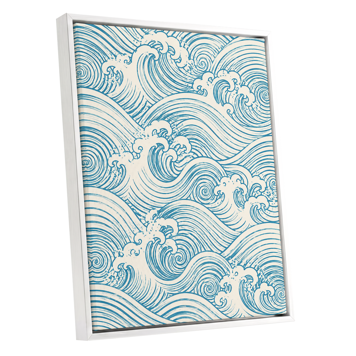 Azure Tide Rhythm, blue, beige, white nature wall art shown as a white framed canvas wall art