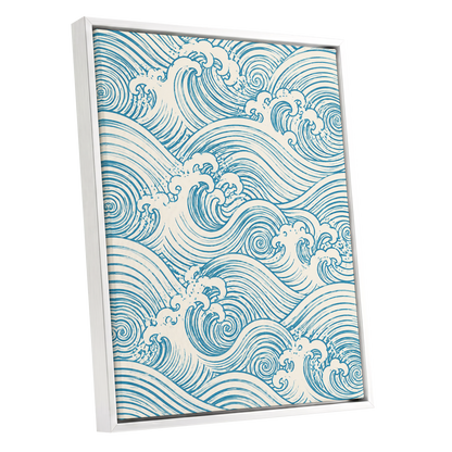 Azure Tide Rhythm, blue, beige, white nature wall art shown as a white framed canvas wall art