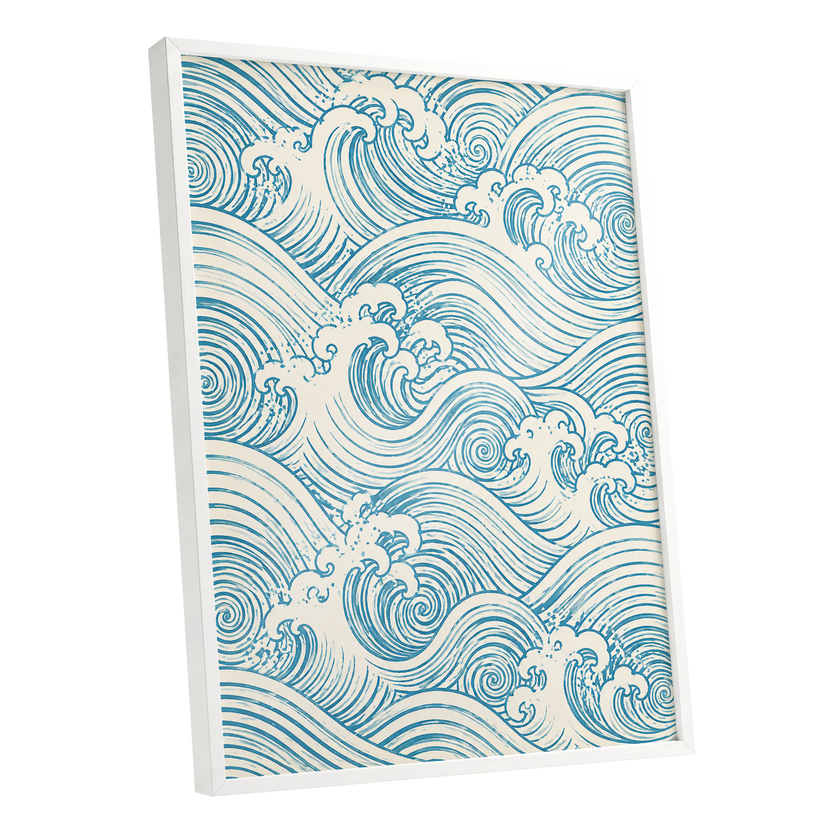 Azure Tide Rhythm, blue, beige, white nature wall art shown as a white framed poster wall art print