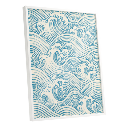 Azure Tide Rhythm, blue, beige, white nature wall art shown as a white framed poster wall art print