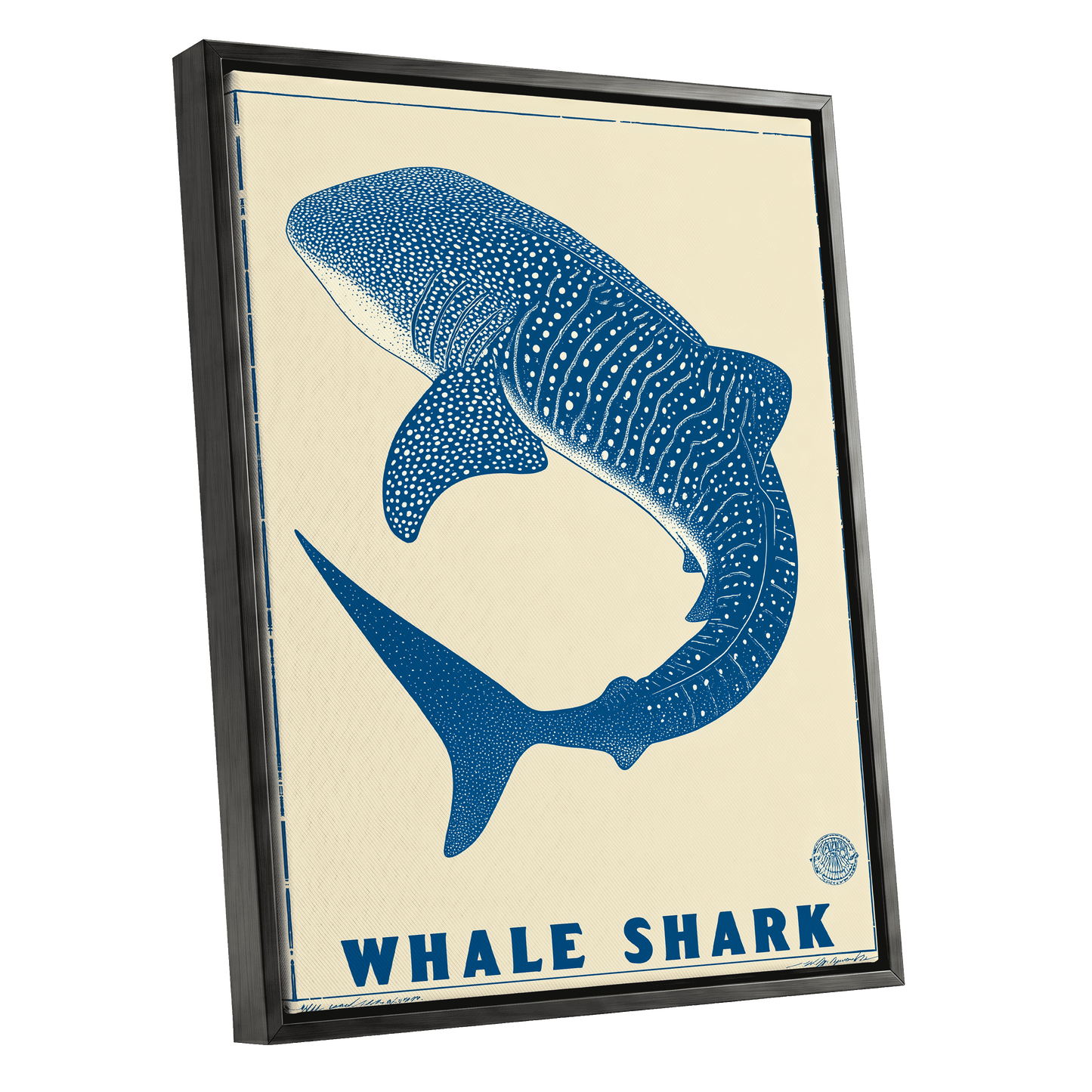 Azure Whale Shark, blue, beige, white nature wall art shown as a black framed canvas wall art