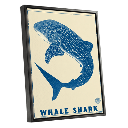 Azure Whale Shark, blue, beige, white nature wall art shown as a black framed canvas wall art