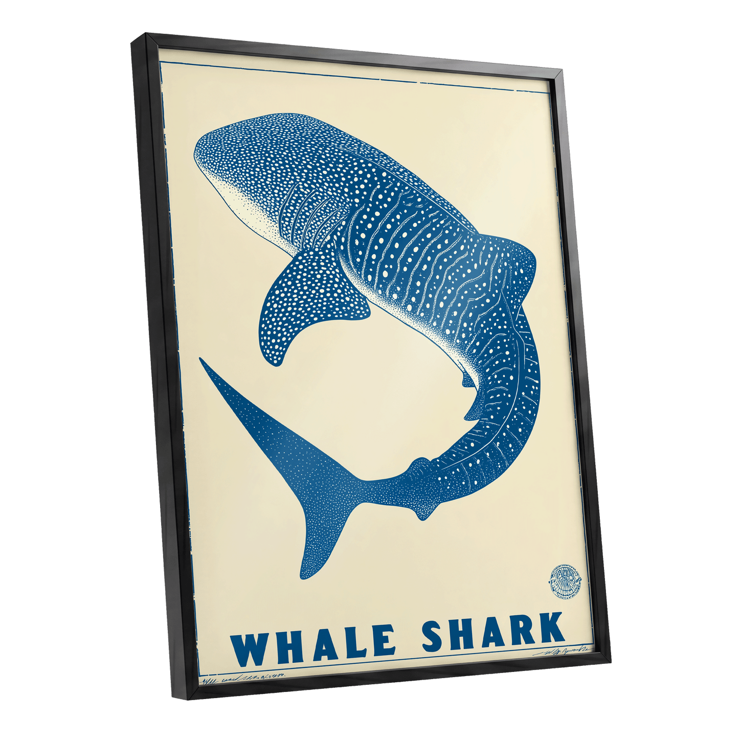 Azure Whale Shark, blue, beige, white nature wall art shown as a black framed poster wall art print