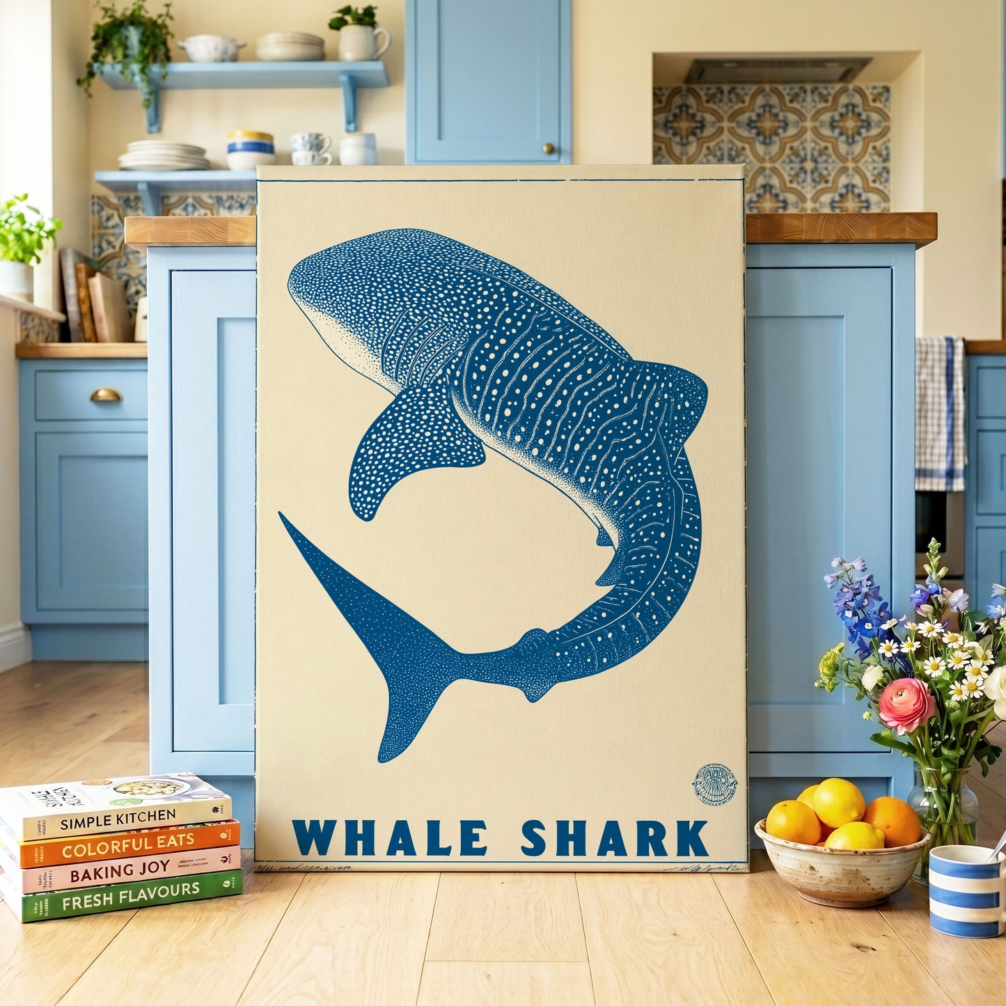 Azure Whale Shark, blue, beige, white nature wall art on canvas displayed in a styled interior, gallery view 1