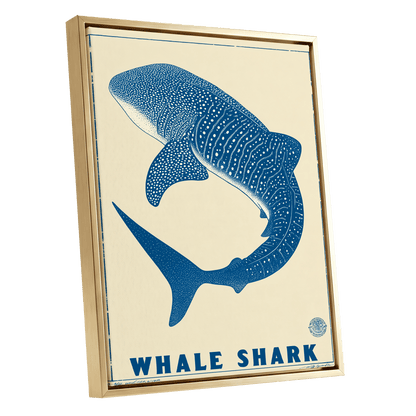 Azure Whale Shark, blue, beige, white nature wall art shown as a gold framed canvas wall art