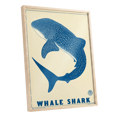 Azure Whale Shark, blue, beige, white nature wall art shown as a oak framed poster wall art print
