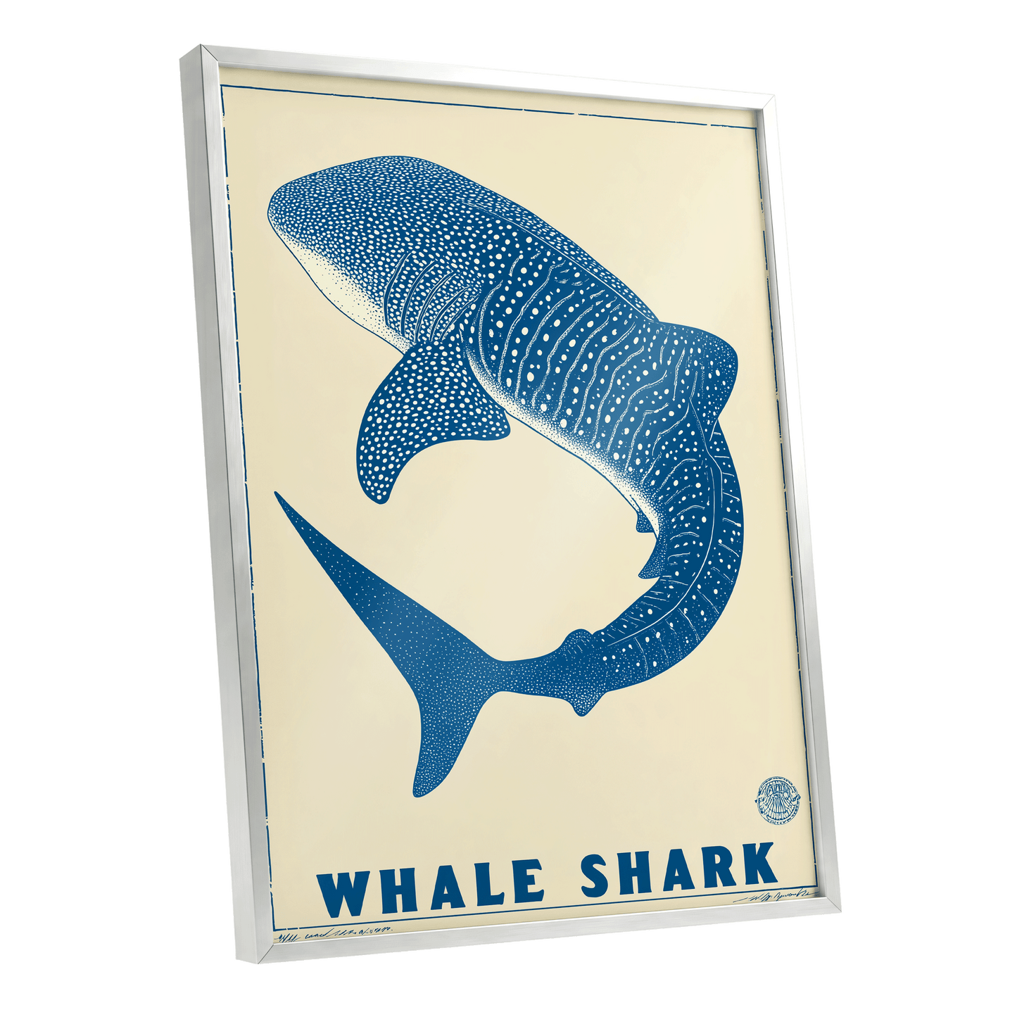 Azure Whale Shark, blue, beige, white nature wall art shown as a silver framed poster wall art print