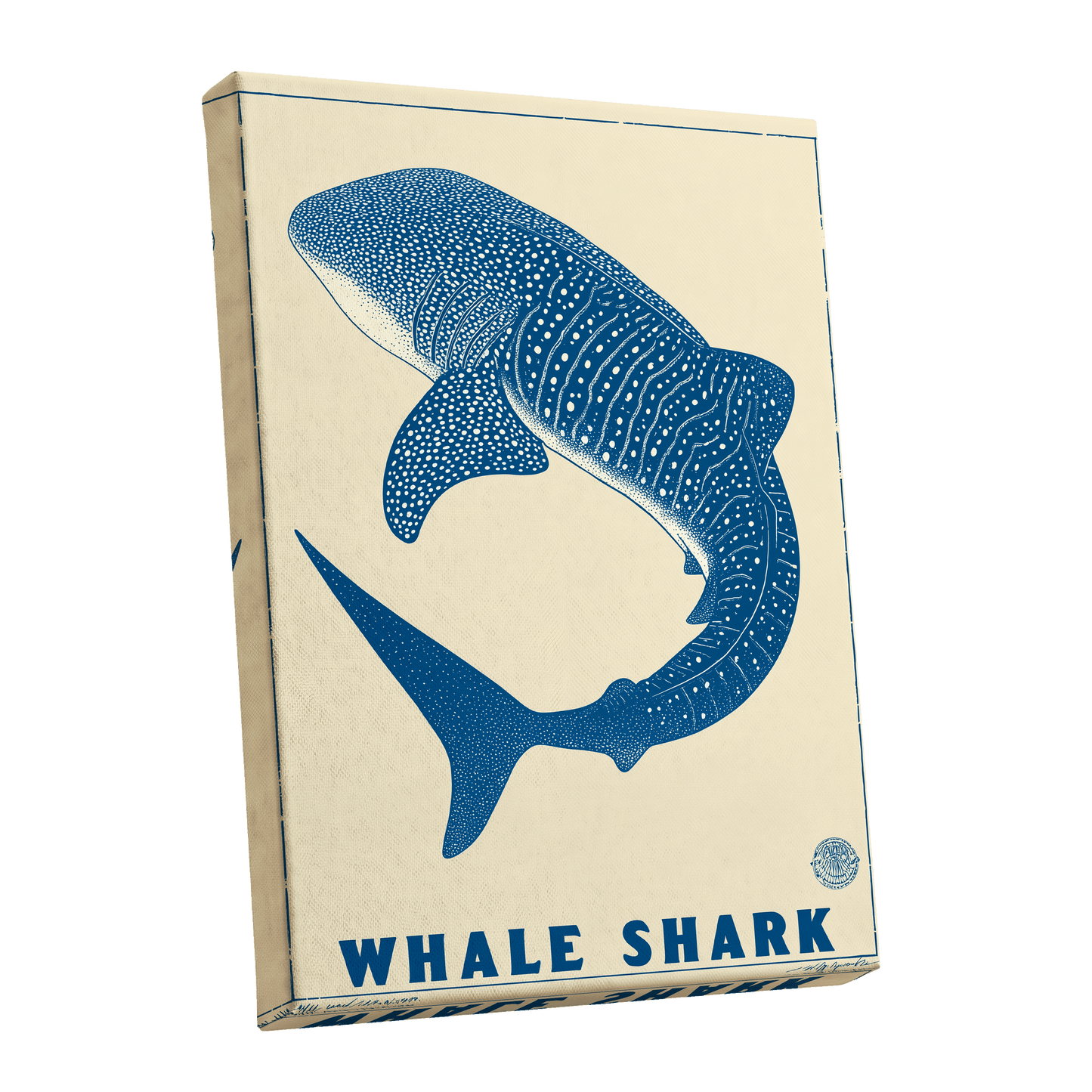 Azure Whale Shark, blue, beige, white nature wall art shown as a stretched canvas wall art