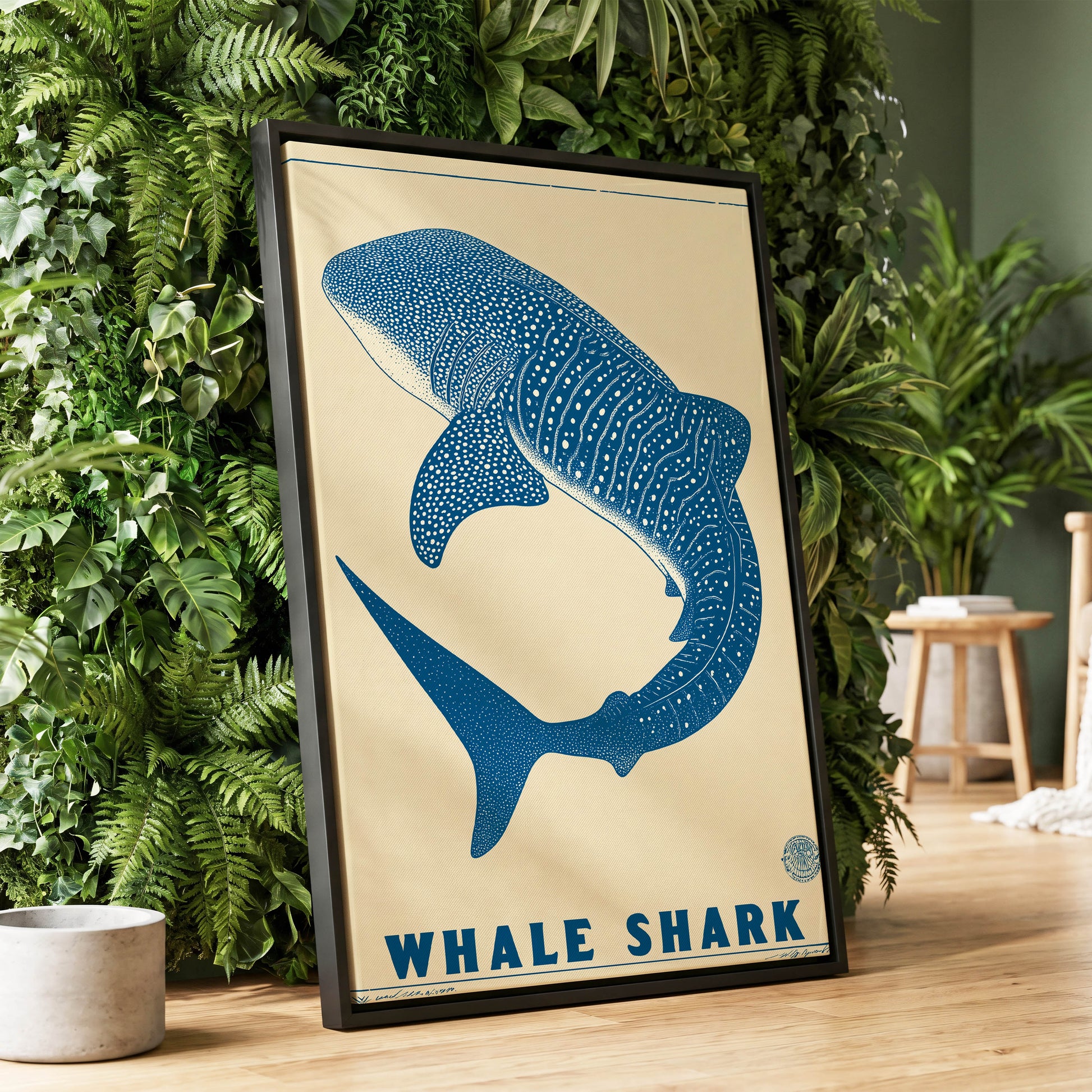 Azure Whale Shark, blue, beige, white nature wall art displayed in a styled interior, gallery view 1