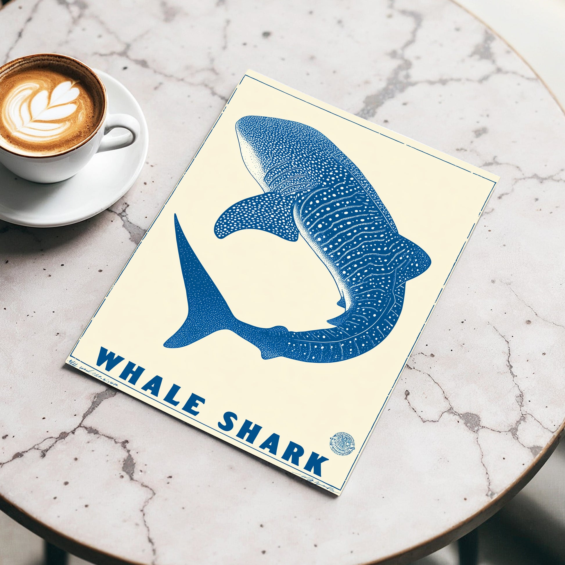 Azure Whale Shark, blue, beige, white nature wall art displayed in a styled interior, gallery view 3