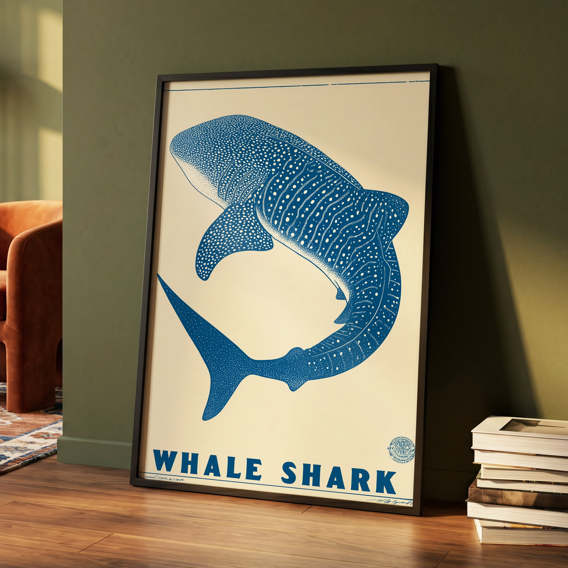 Azure Whale Shark, blue, beige, white nature wall art displayed in a styled interior, gallery view 4