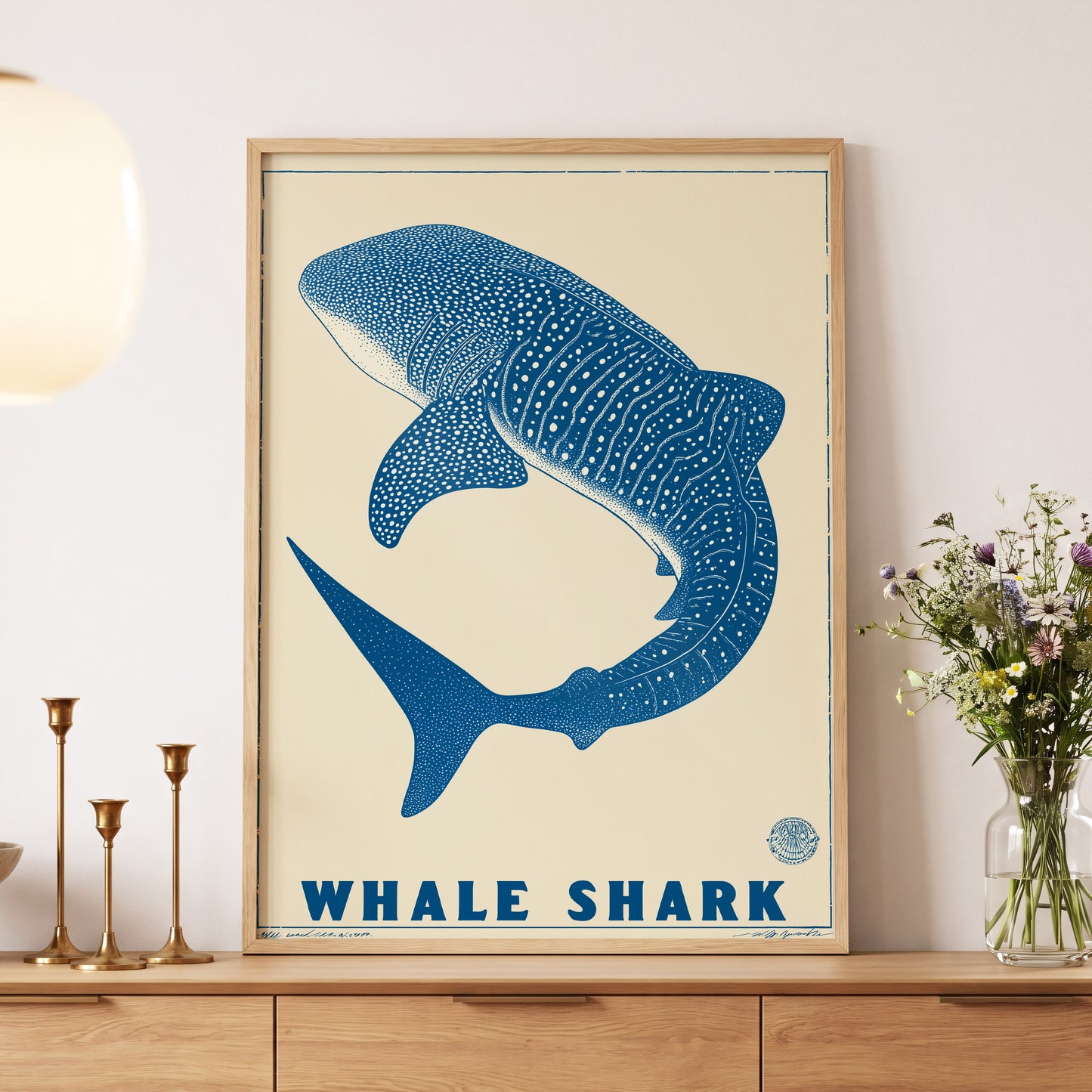 Azure Whale Shark, blue, beige, white nature wall art displayed in a styled interior, gallery view 5