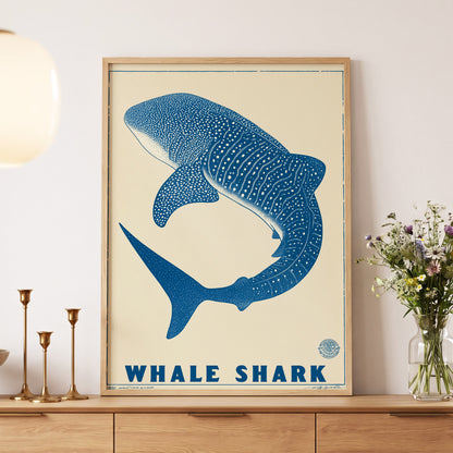 Azure Whale Shark, blue, beige, white nature wall art displayed in a styled interior, gallery view 5