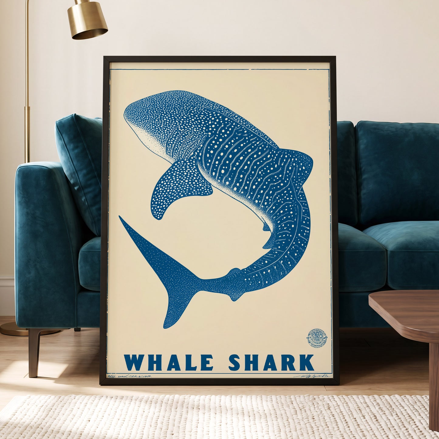 Azure Whale Shark, blue, beige, white nature wall art displayed in a styled interior, gallery view 6