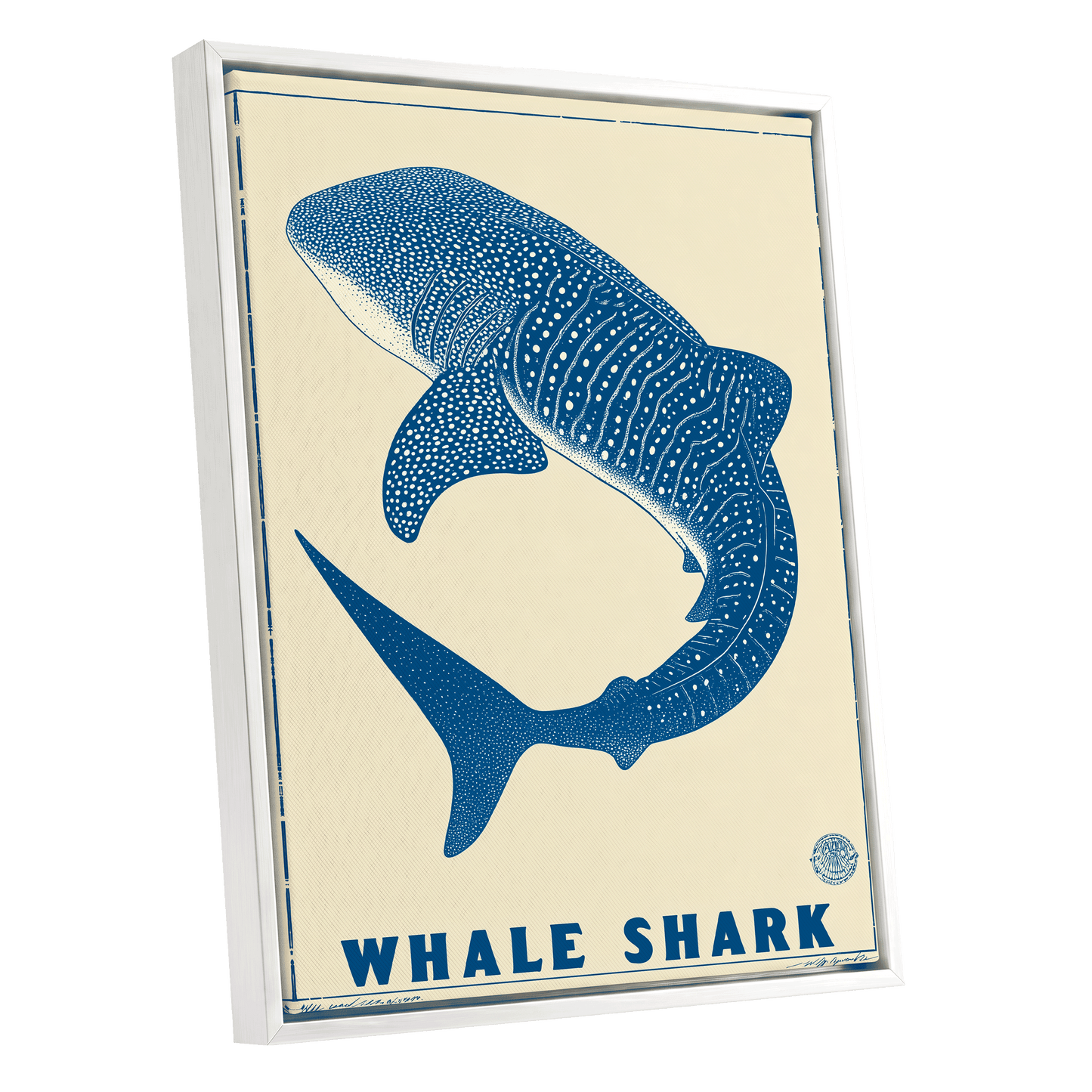 Azure Whale Shark, blue, beige, white nature wall art shown as a white framed canvas wall art