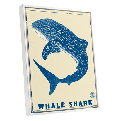 Azure Whale Shark, blue, beige, white nature wall art shown as a white framed canvas wall art