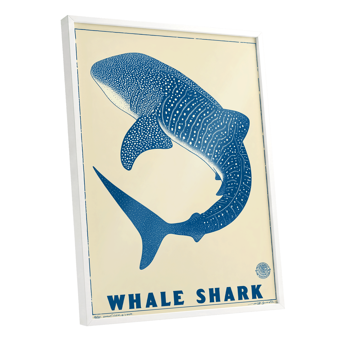 Azure Whale Shark, blue, beige, white nature wall art shown as a white framed poster wall art print