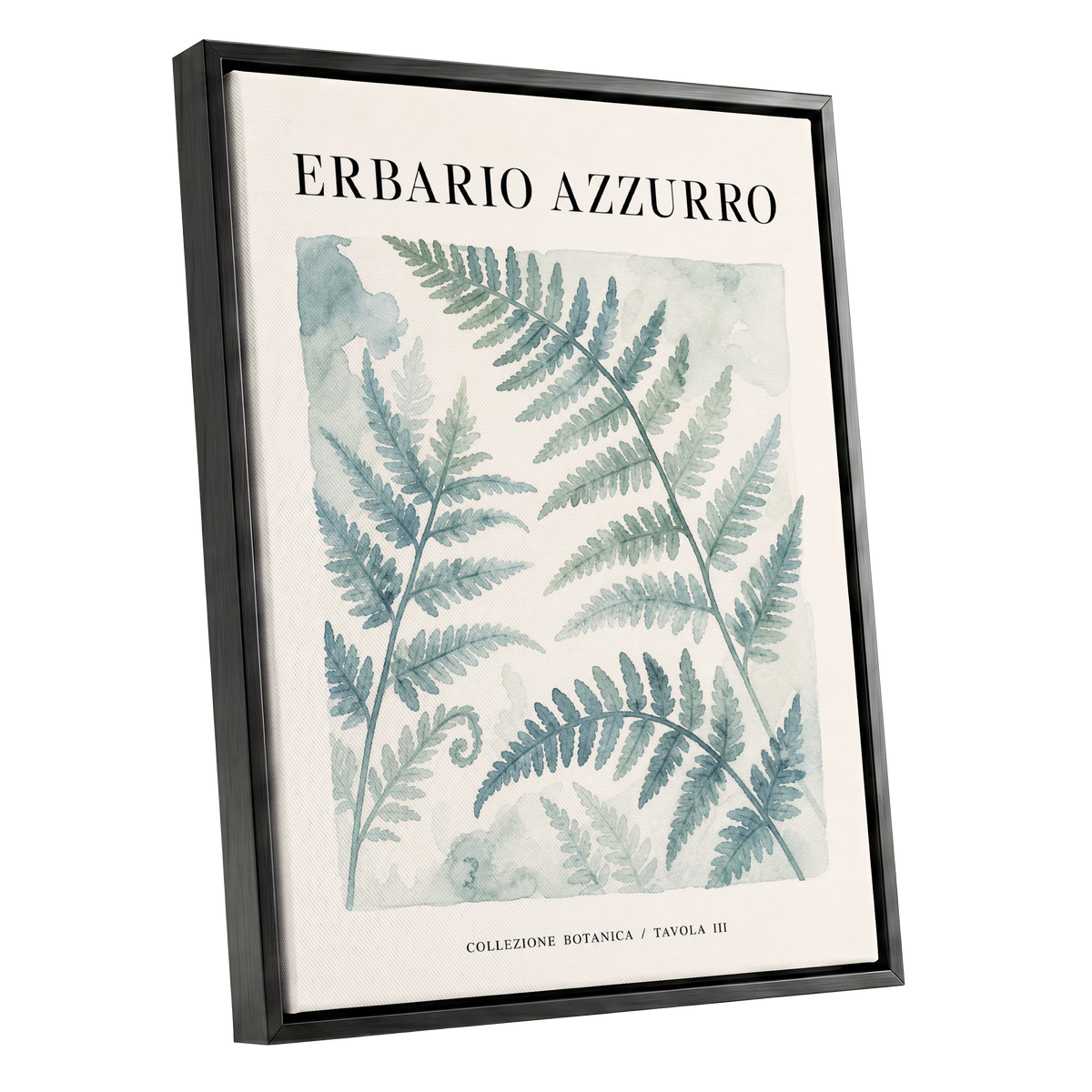 Azzurro Fern Study, blue, green, beige nature wall art shown as a black framed canvas wall art