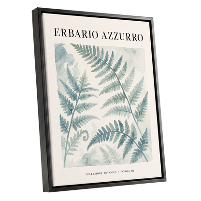 Azzurro Fern Study, blue, green, beige nature wall art shown as a black framed canvas wall art