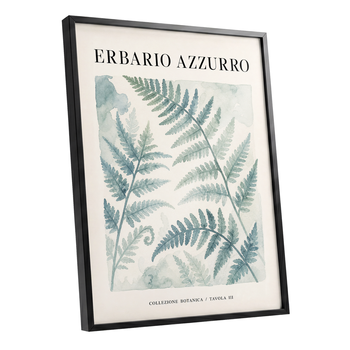 Azzurro Fern Study, blue, green, beige nature wall art shown as a black framed poster wall art print