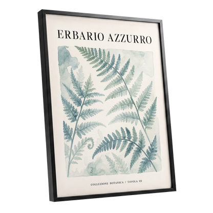 Azzurro Fern Study, blue, green, beige nature wall art shown as a black framed poster wall art print