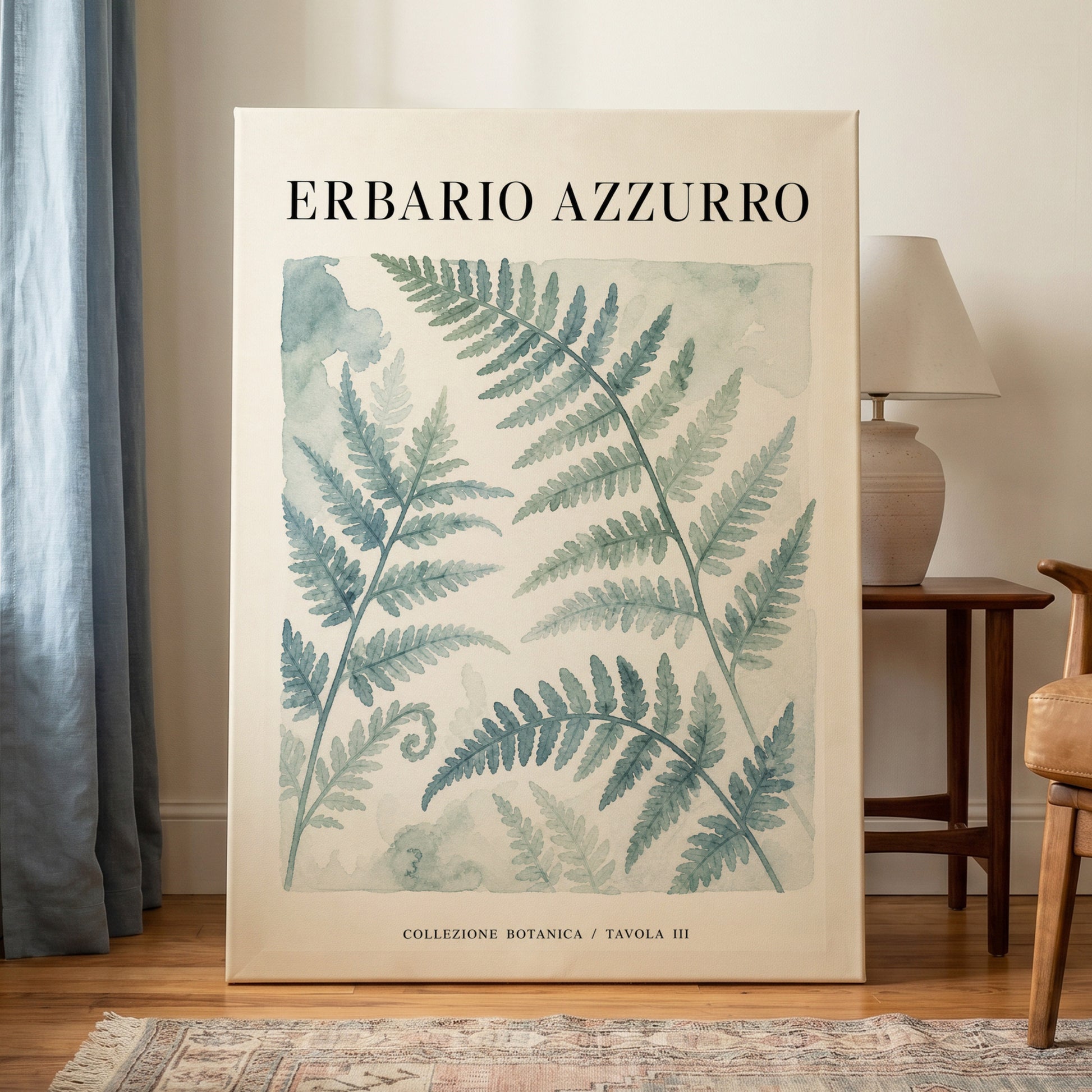 Azzurro Fern Study, blue, green, beige nature wall art on canvas displayed in a styled interior, gallery view 1