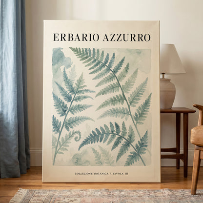 Azzurro Fern Study, blue, green, beige nature wall art on canvas displayed in a styled interior, gallery view 1