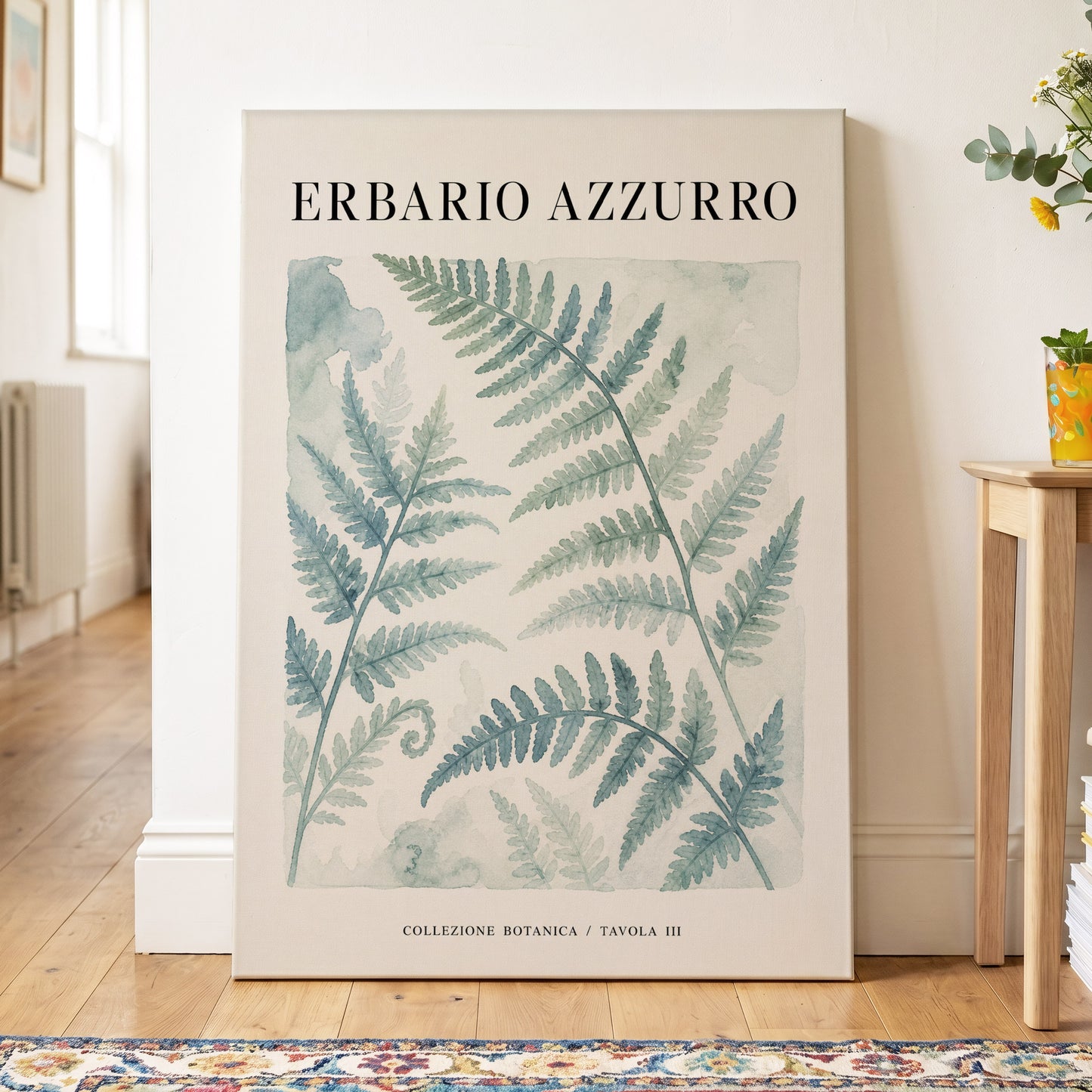 Azzurro Fern Study, blue, green, beige nature wall art on canvas displayed in a styled interior, gallery view 2