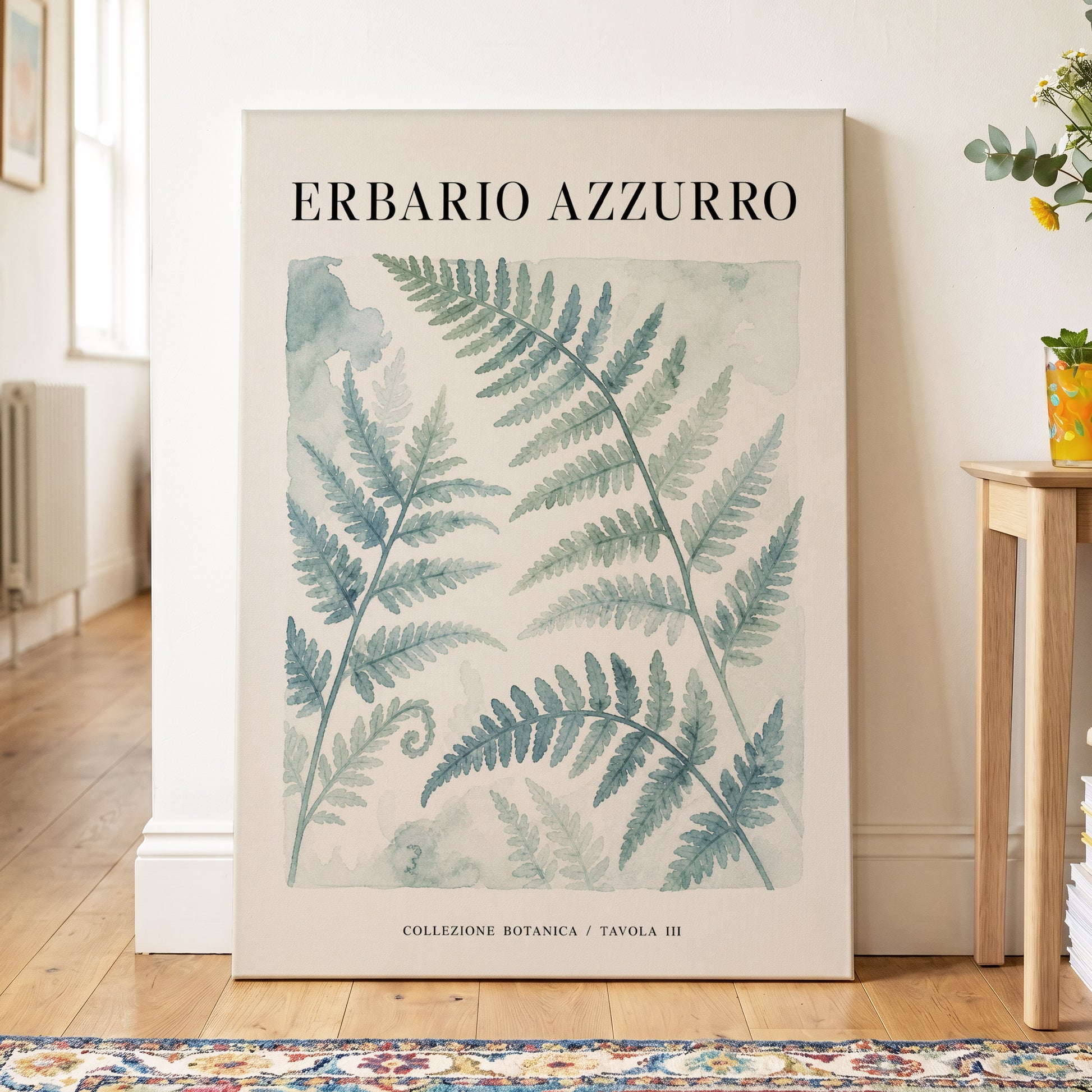 Azzurro Fern Study, blue, green, beige nature wall art on canvas displayed in a styled interior, gallery view 2