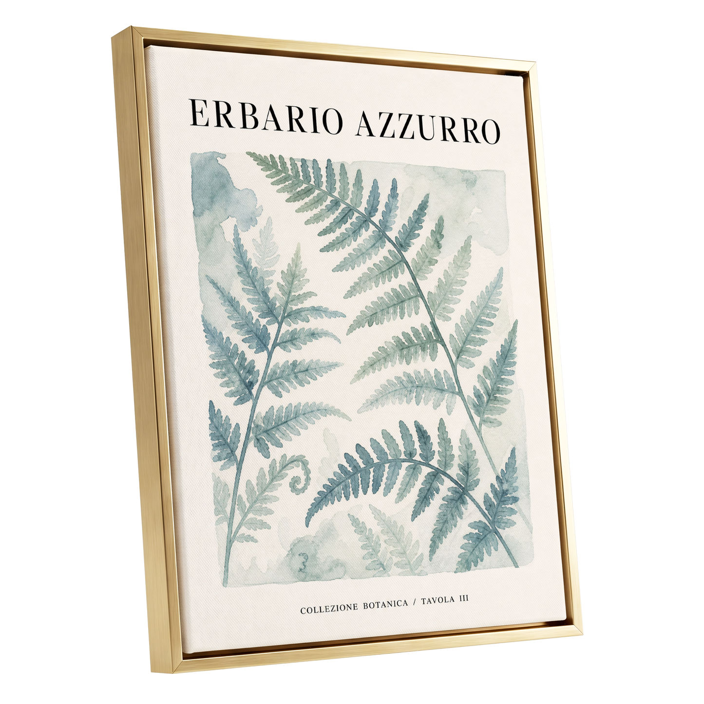 Azzurro Fern Study, blue, green, beige nature wall art shown as a gold framed canvas wall art