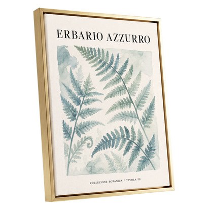 Azzurro Fern Study, blue, green, beige nature wall art shown as a gold framed canvas wall art