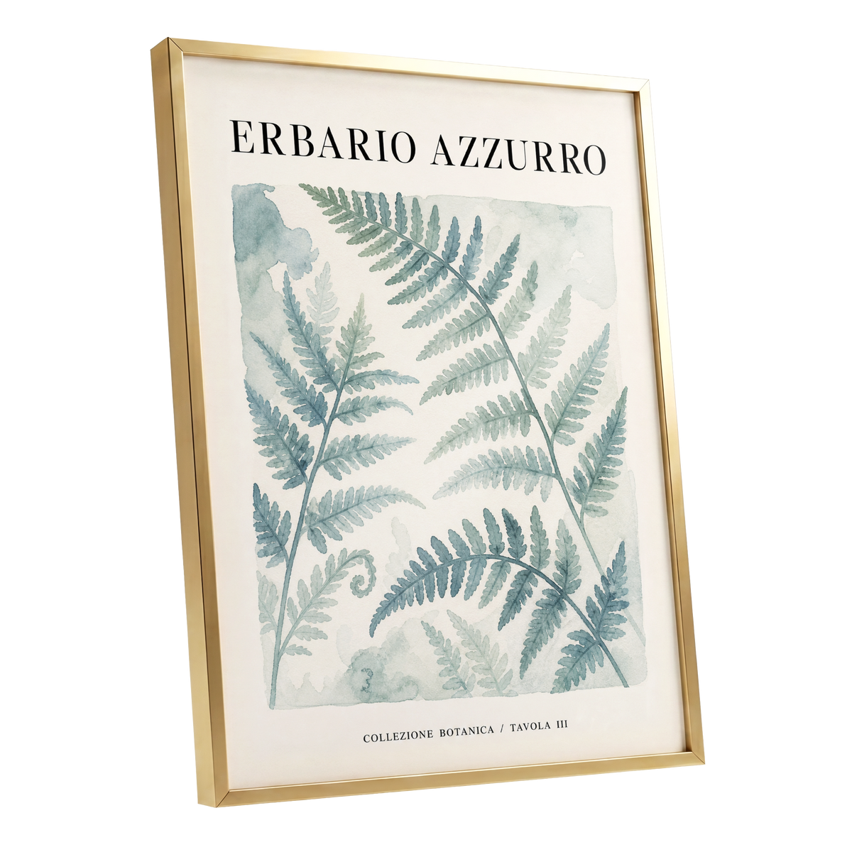Azzurro Fern Study, blue, green, beige nature wall art shown as a gold framed poster wall art print