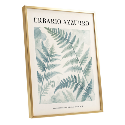 Azzurro Fern Study, blue, green, beige nature wall art shown as a gold framed poster wall art print
