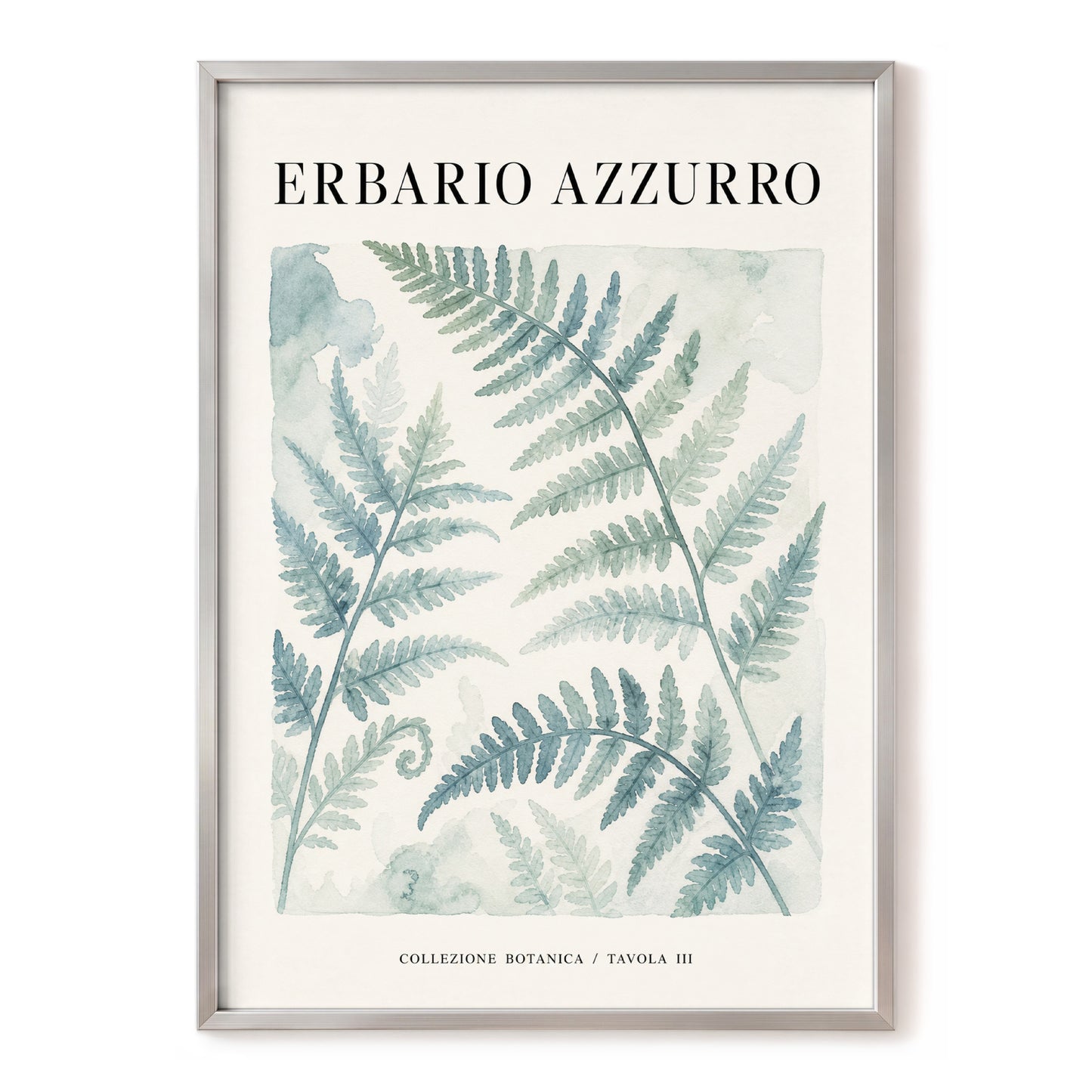 Azzurro Fern Study, blue, green, beige nature wall art, front artwork view