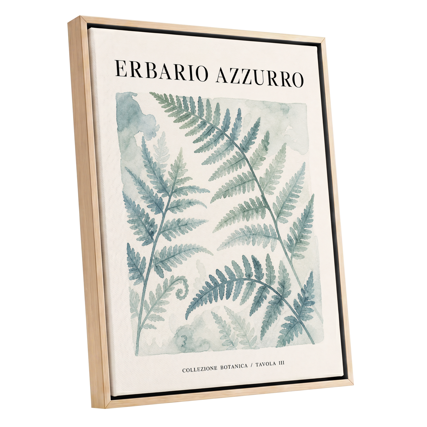 Azzurro Fern Study, blue, green, beige nature wall art shown as a oak framed canvas wall art