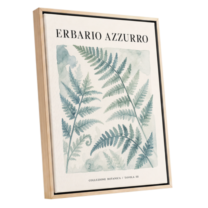 Azzurro Fern Study, blue, green, beige nature wall art shown as a oak framed canvas wall art